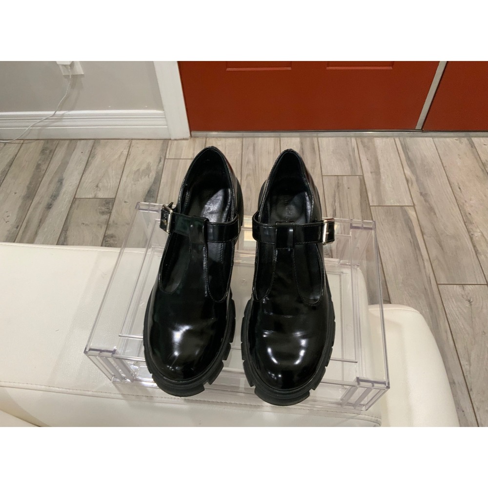 Madden Girl Black Patent Lug Sole Mary Jane T-Strap Chunky Block Heel Pumps